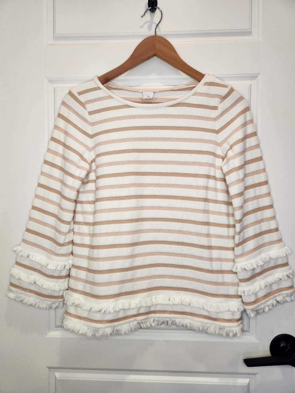Sz S Club Monaco 100% Cotton Beige & White Striped Fringe-Trim Pullover Sweater - Picture 2 of 7